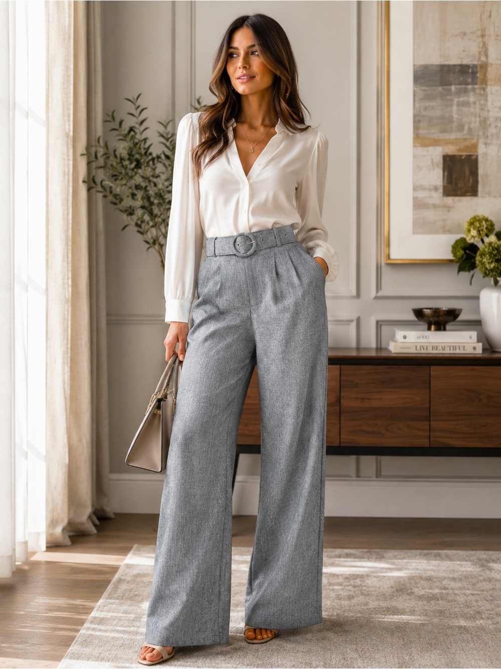 NWT Emory Park Wide Leg Pants S Gray High Rise Belted
